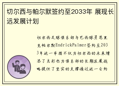 切尔西与帕尔默签约至2033年 展现长远发展计划 切尔西与帕尔默签约至2033年 展现长远发展计划